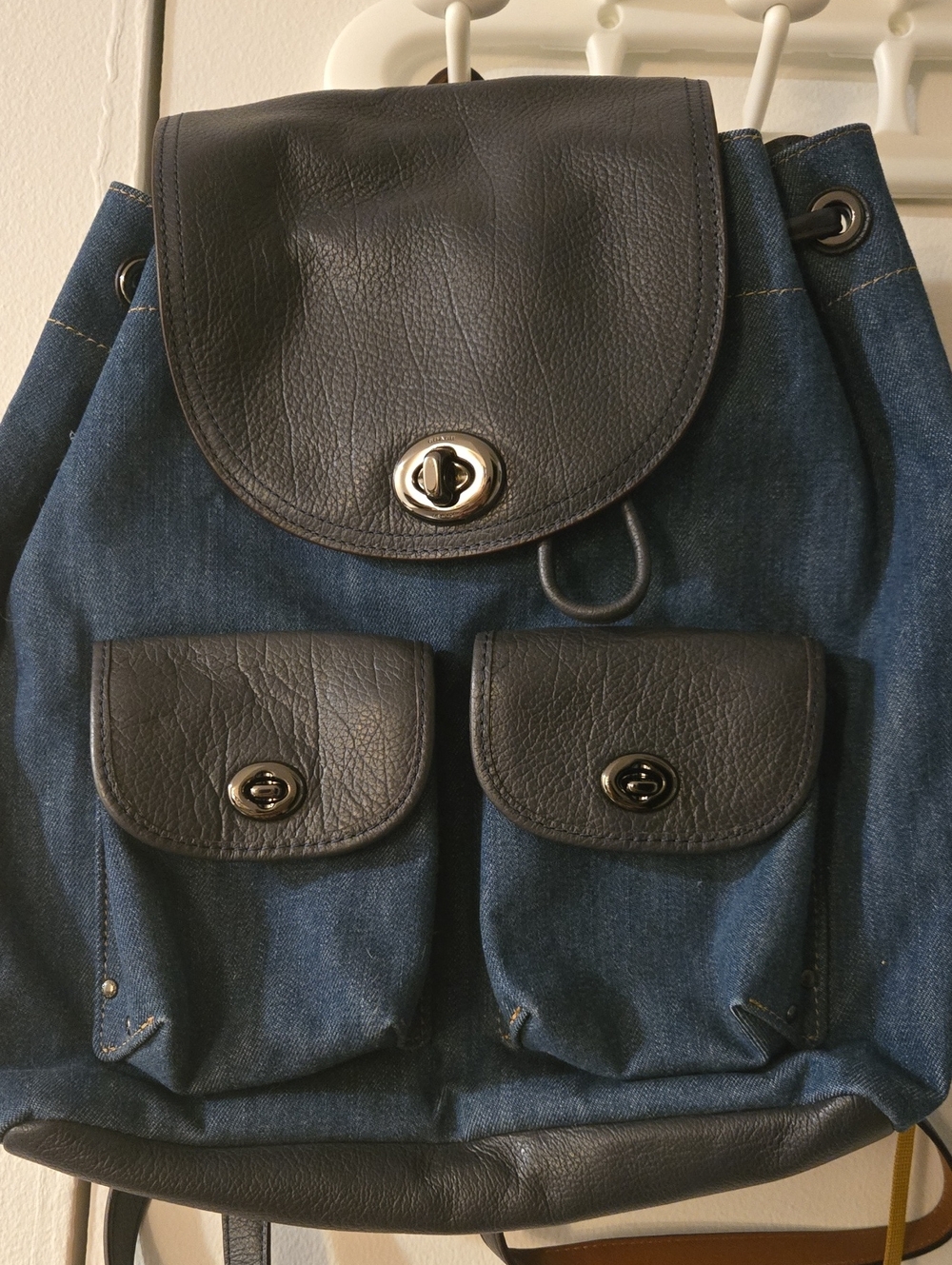 Coach Denim and Navy Leather Drawstring Backpack